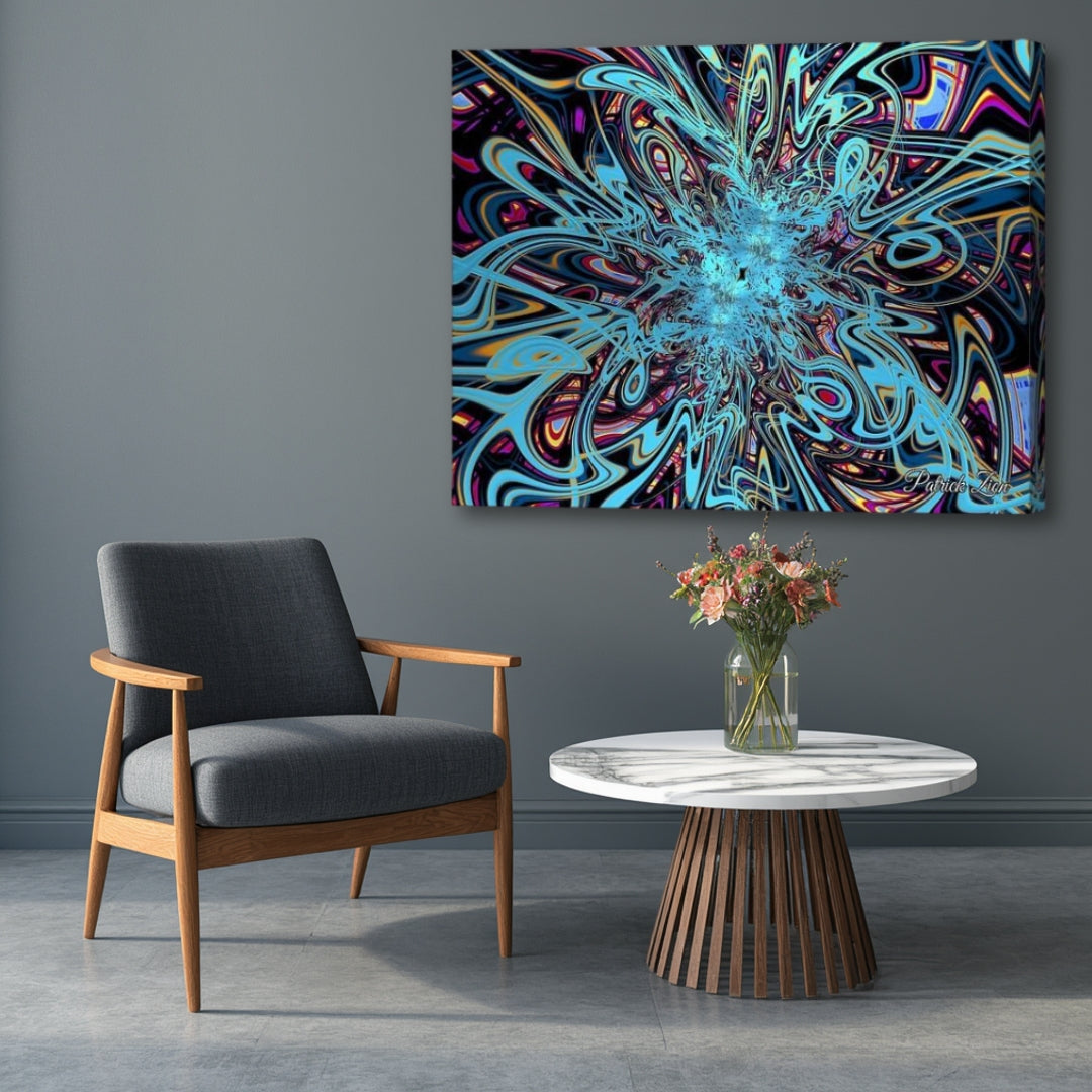 Vibrant Cosmic Swirl – abstract fractal canvas artwork by Patrick Zion featuring radiant blue energy erupting from a dynamic network of flowing cosmic lines and colorful psychedelic patterns. Symbolizing creativity, movement, universal energy, and the infinite complexity of the cosmos, displayed in a modern interior setting.
