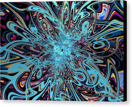 Vibrant Cosmic Swirl – psychedelic fractal canvas art by Patrick Zion, black edge version featuring a luminous turquoise vortex of swirling cosmic energy with hypnotic detail and multidimensional depth.