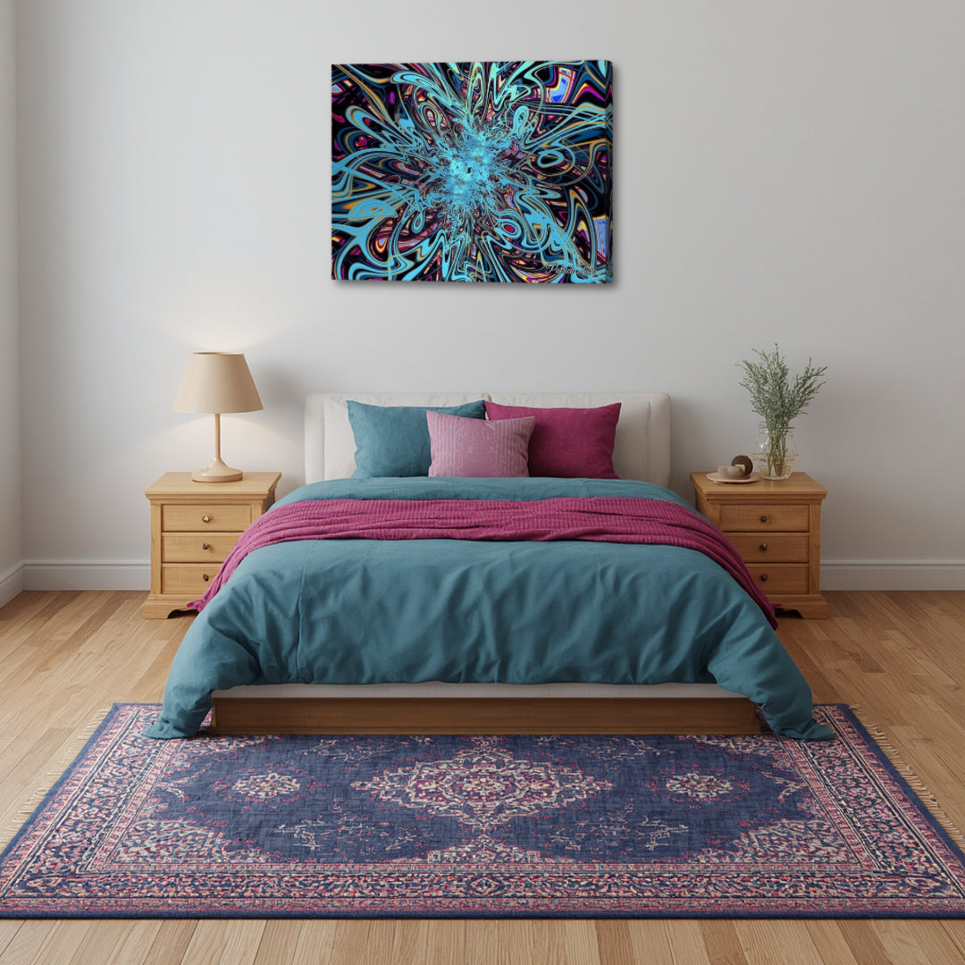 Vibrant Cosmic Swirl by Patrick Zion above a modern bedroom, featuring luminous abstract fractal forms in deep blue and neon tones symbolizing calm, depth, and subconscious exploration.