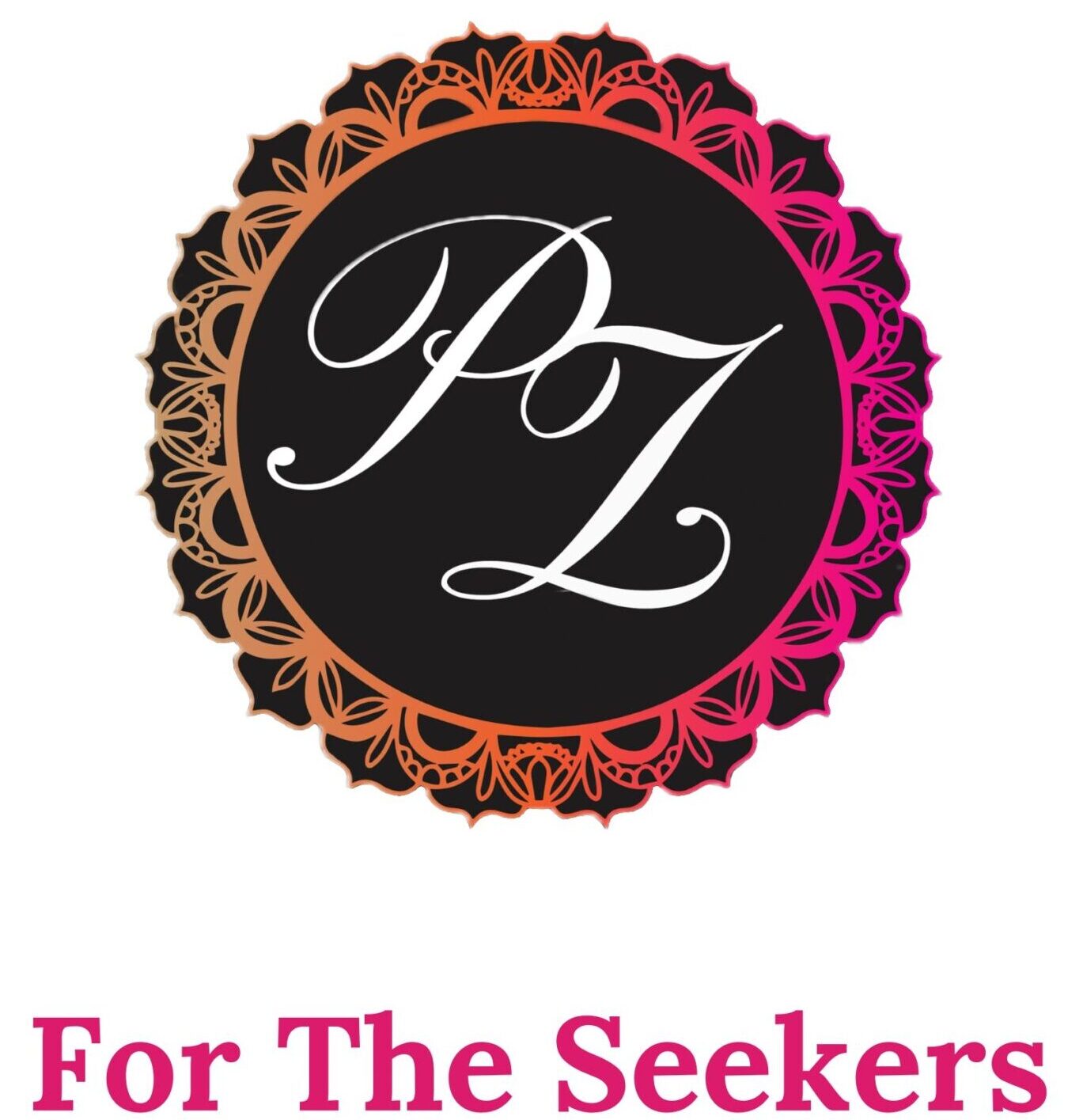 Patrick Zion Art logo featuring an intricate mandala design in a gradient of warm colors from orange to pink, with elegant white ‘PZ’ initials at the center, and the tagline ‘For The Seekers’ in a refined pink font below.